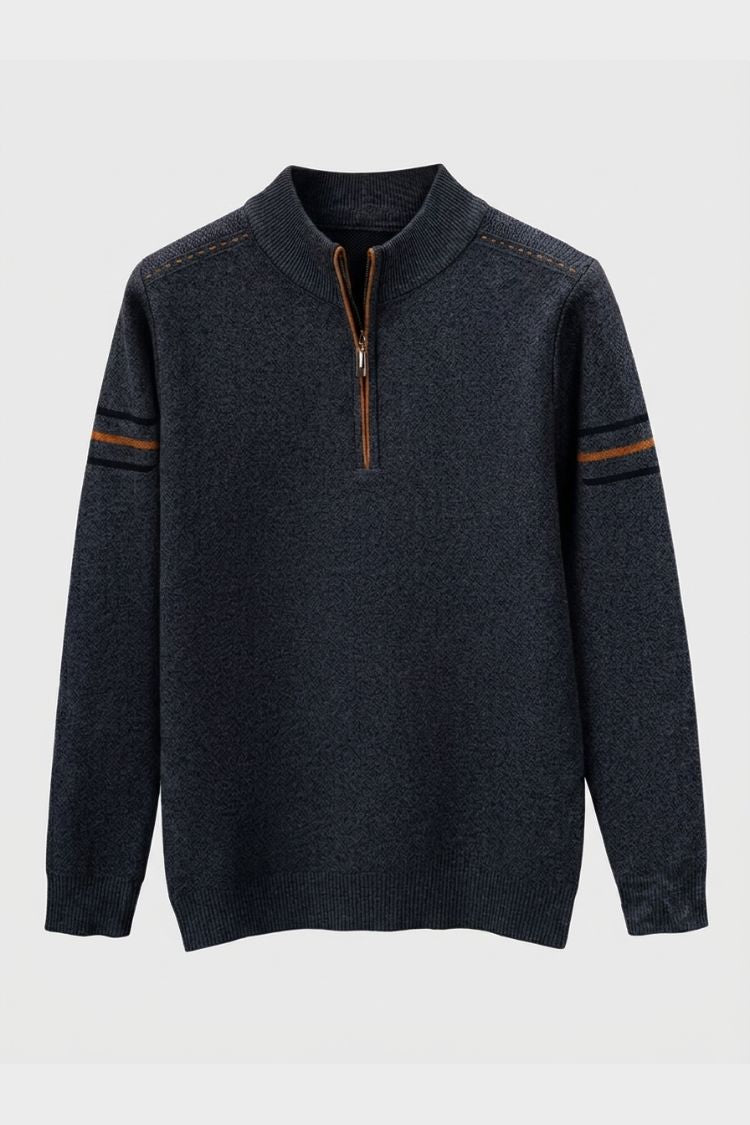 Men's quarter-zip mock neck sweater with contrast sleeve stripes