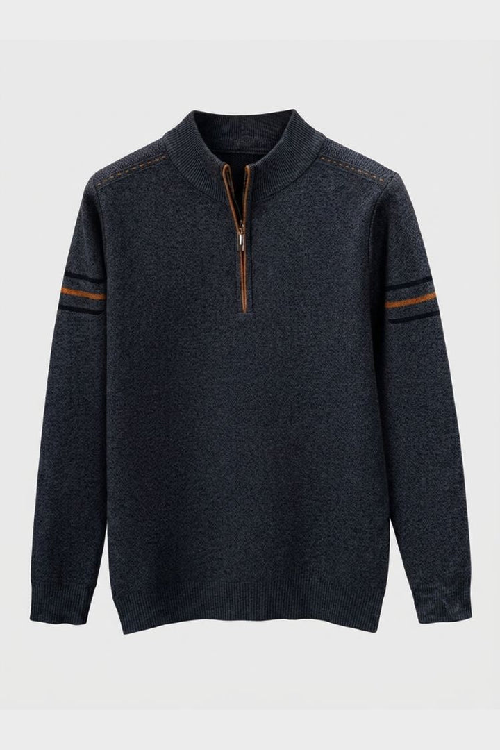 Men's quarter-zip mock neck sweater with contrast sleeve stripes