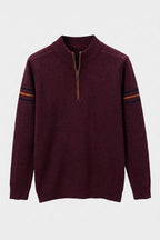 Men's quarter-zip mock neck sweater with contrast sleeve stripes
