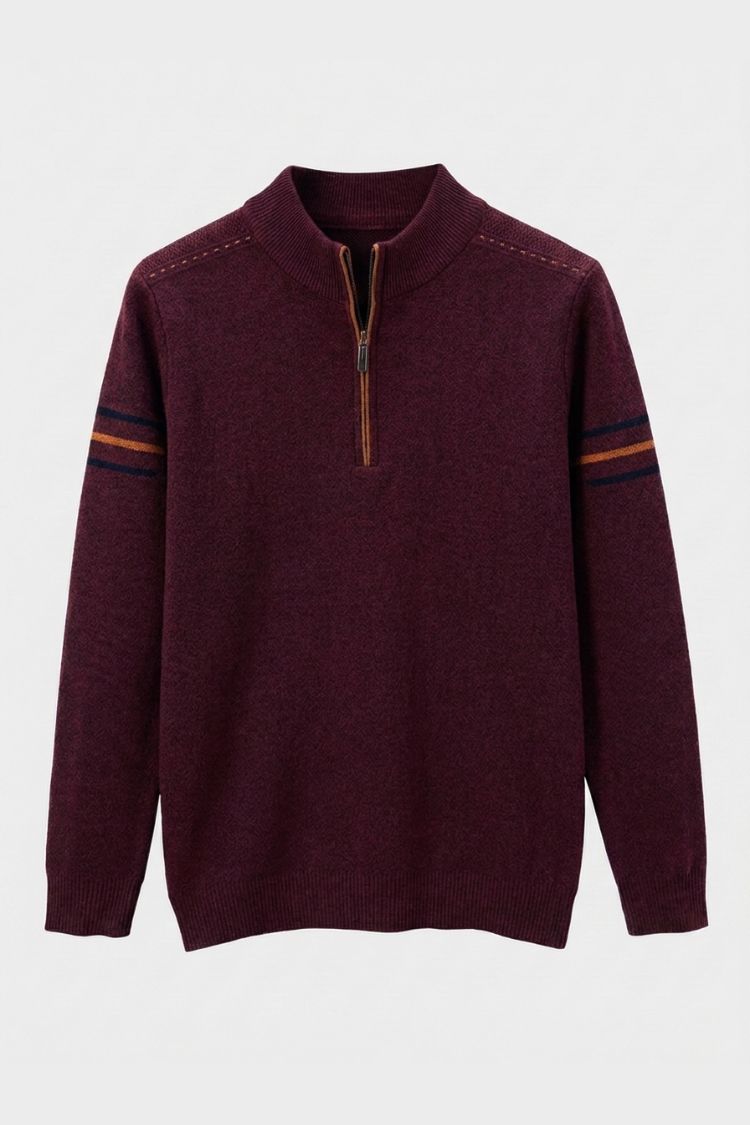 Men's quarter-zip mock neck sweater with contrast sleeve stripes