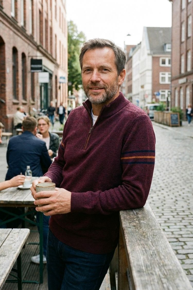 Men's quarter-zip mock neck sweater with contrast sleeve stripes