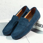 Men's penny loafers with moc toe stitching and flat soles