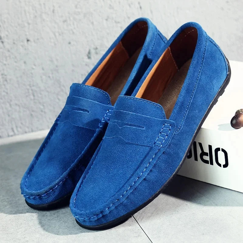 Men's penny loafers with moc toe stitching and flat soles