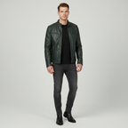 Men's slim leather jacket with stand collar and zipped pockets