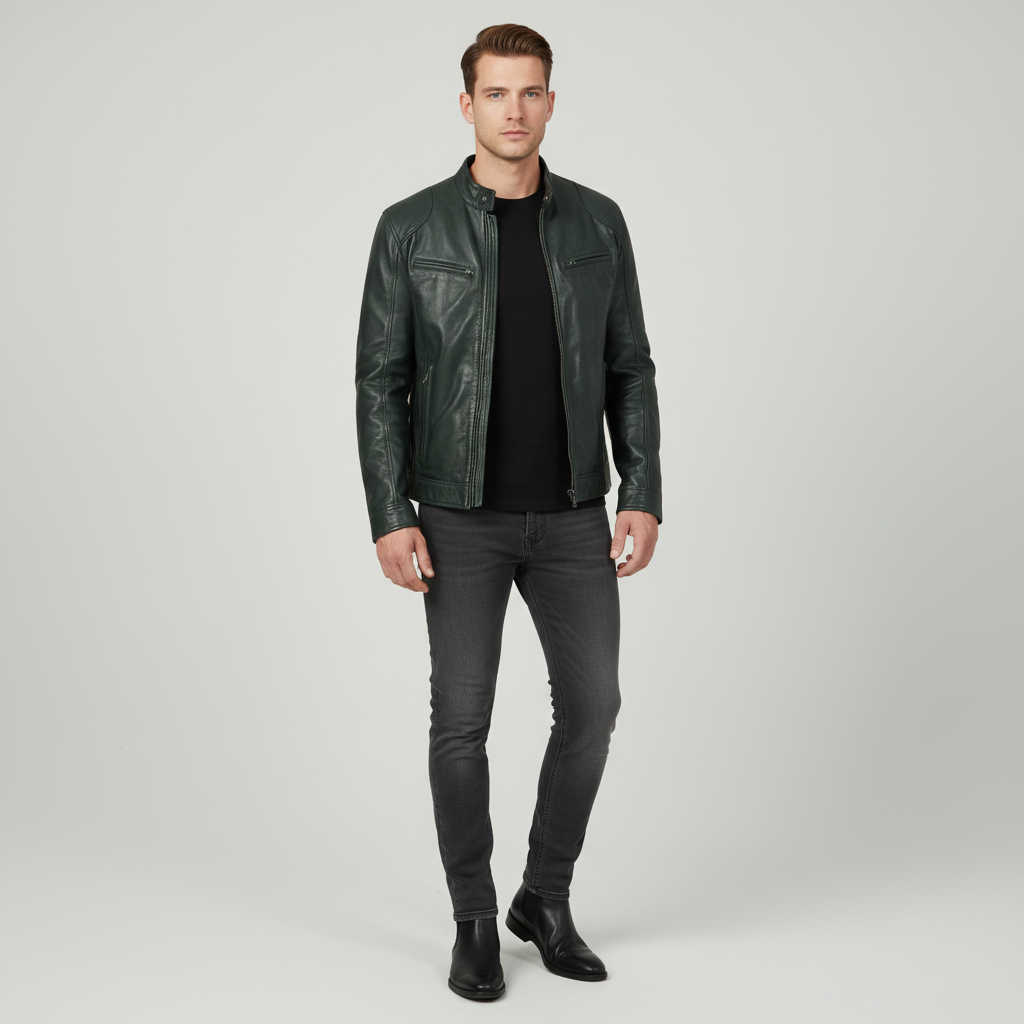 Men's slim leather jacket with stand collar and zipped pockets