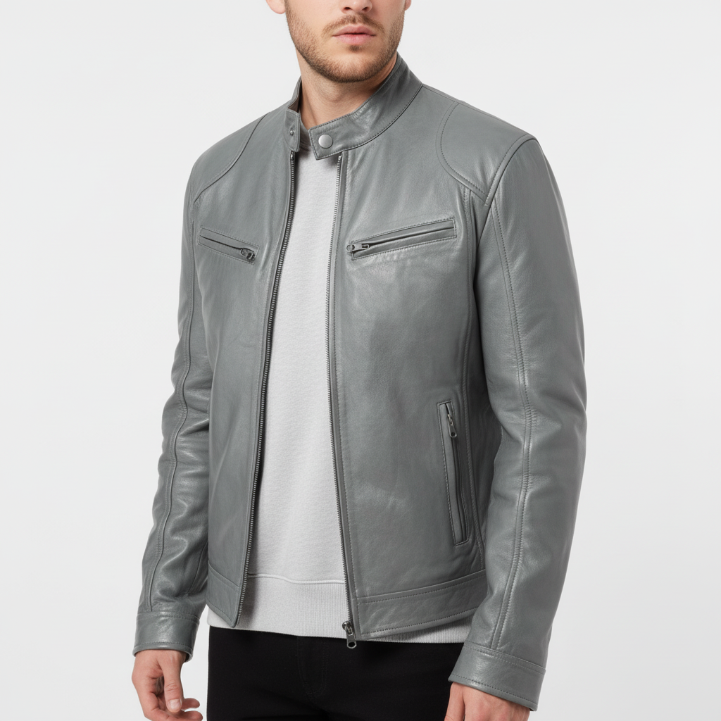 Men's slim leather jacket with stand collar and zipped pockets