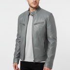 Men's slim leather jacket with stand collar and zipped pockets