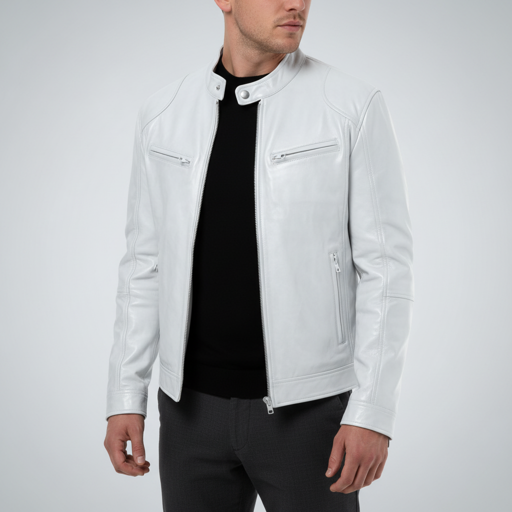 Men's slim leather jacket with stand collar and zipped pockets
