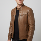 Men's slim leather jacket with stand collar and zipped pockets