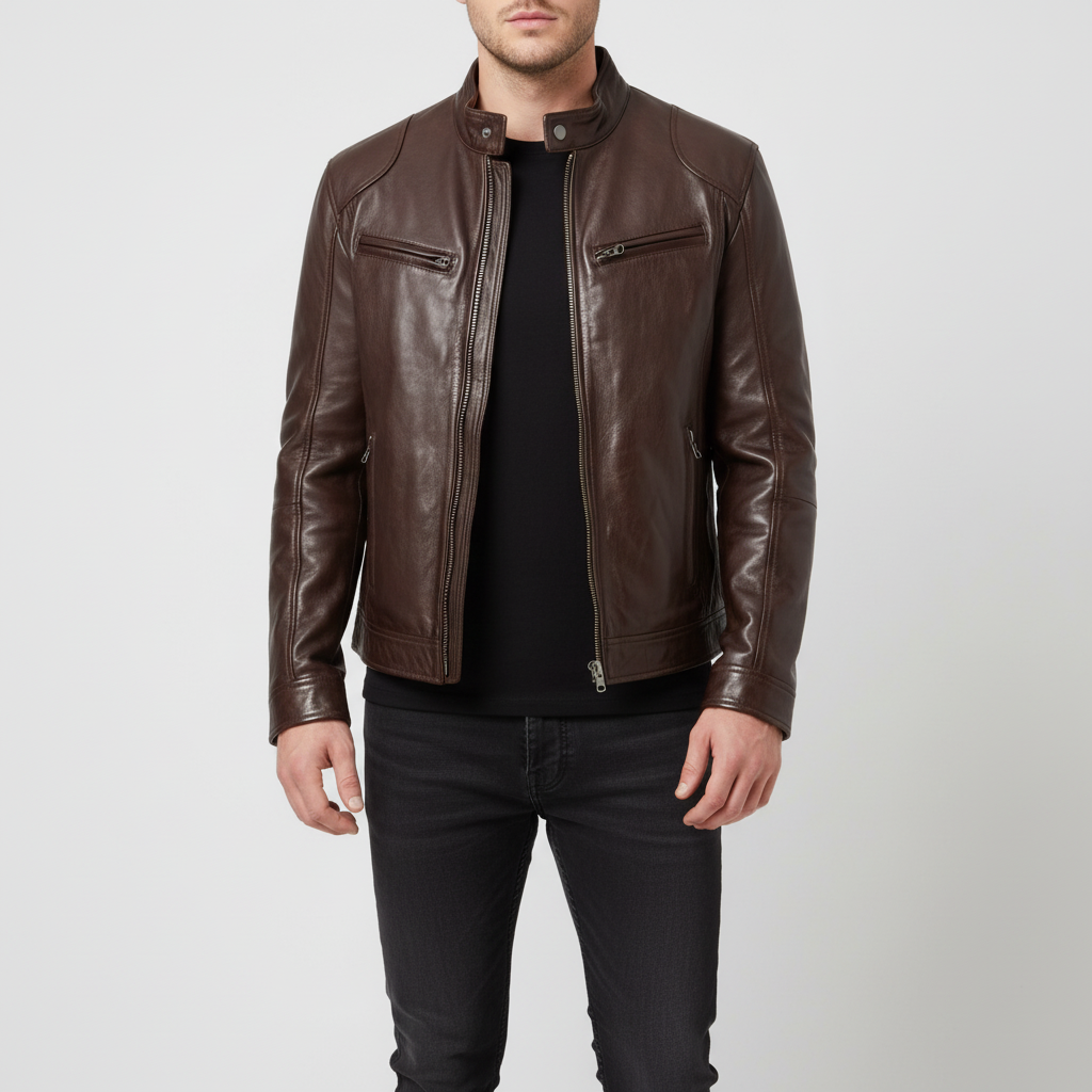 Men's slim leather jacket with stand collar and zipped pockets