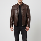Men's slim leather jacket with stand collar and zipped pockets