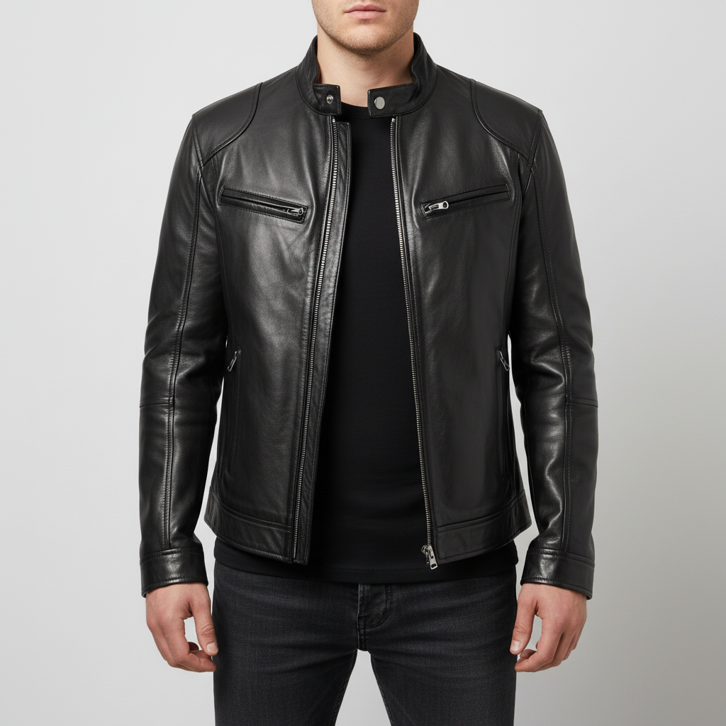 Men's slim leather jacket with stand collar and zipped pockets
