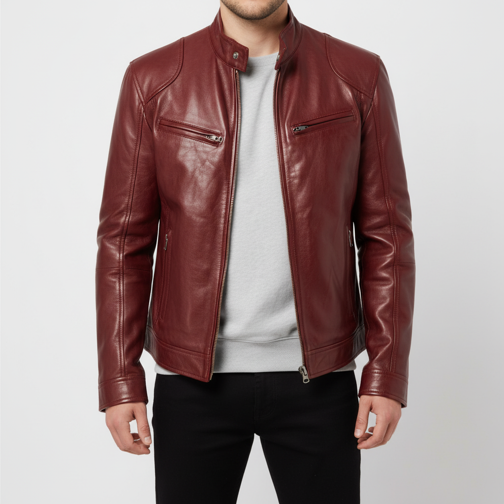 Men's slim leather jacket with stand collar and zipped pockets