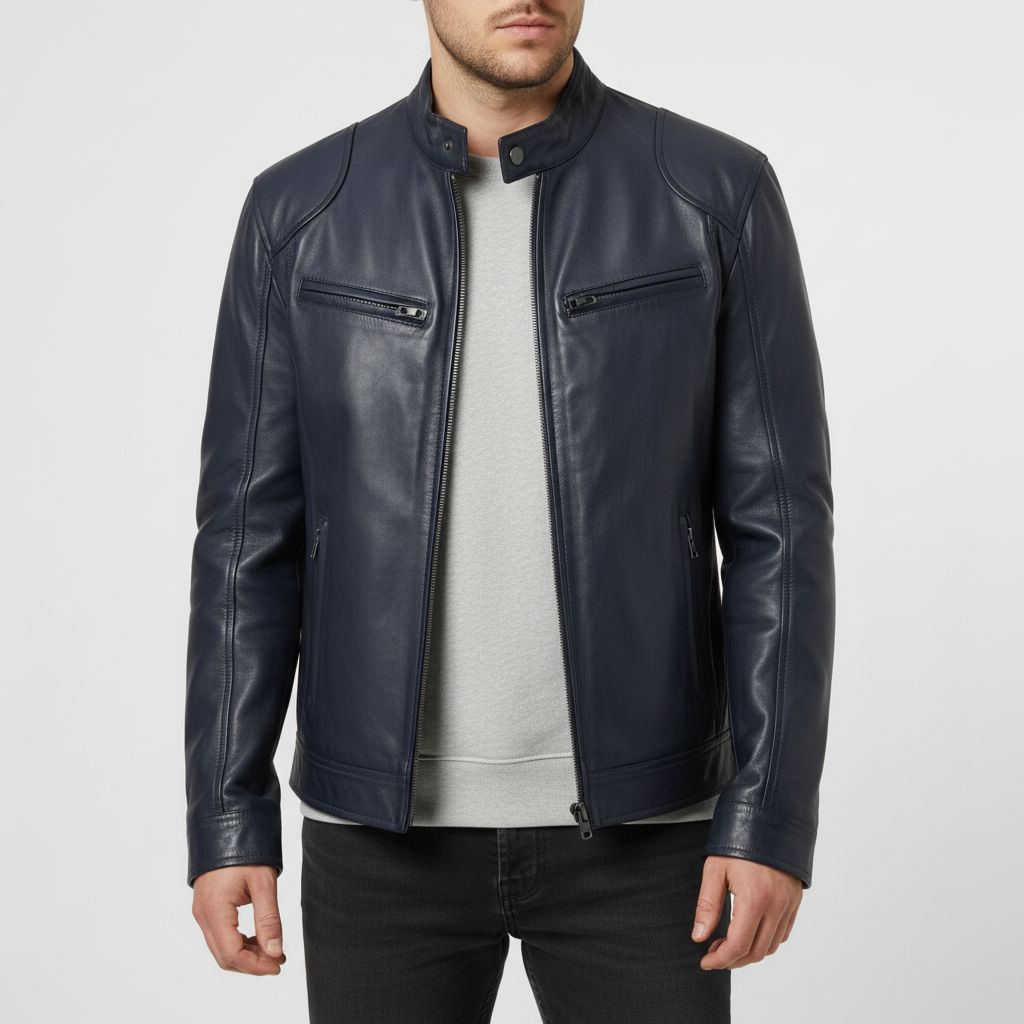 Men's slim leather jacket with stand collar and zipped pockets