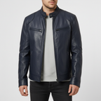 Men's slim leather jacket with stand collar and zipped pockets