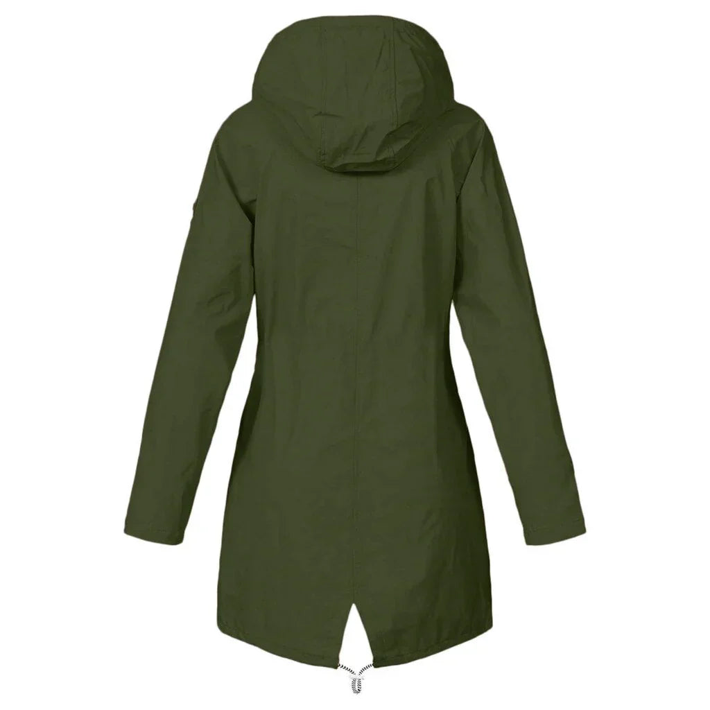 Women's hooded trench coat with long sleeves, zip front and flap pockets