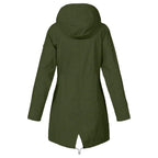 Women's hooded trench coat with long sleeves, zip front and flap pockets