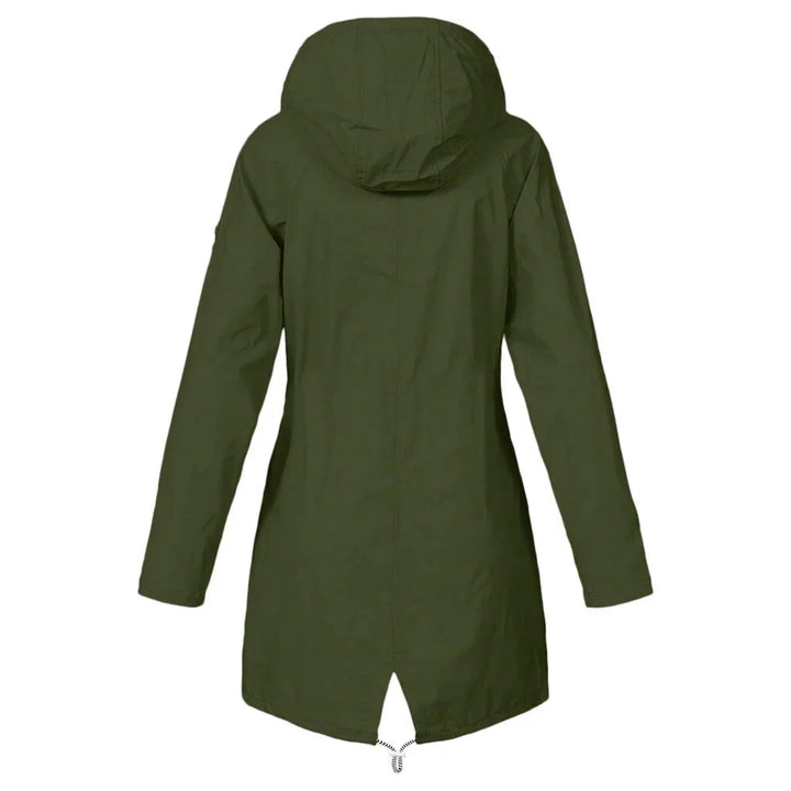 Women's hooded trench coat with long sleeves, zip front and flap pockets