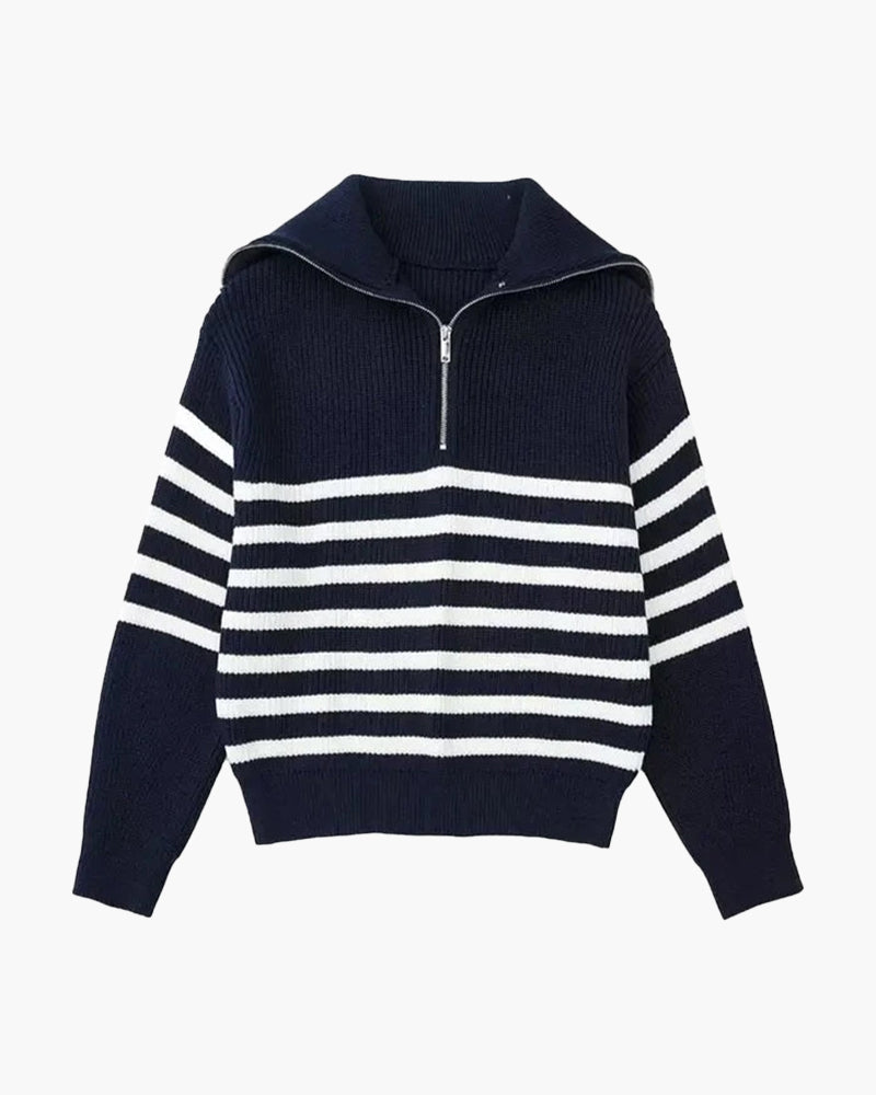 Striped ribbed knit sweater with mock neck and quarter zipper