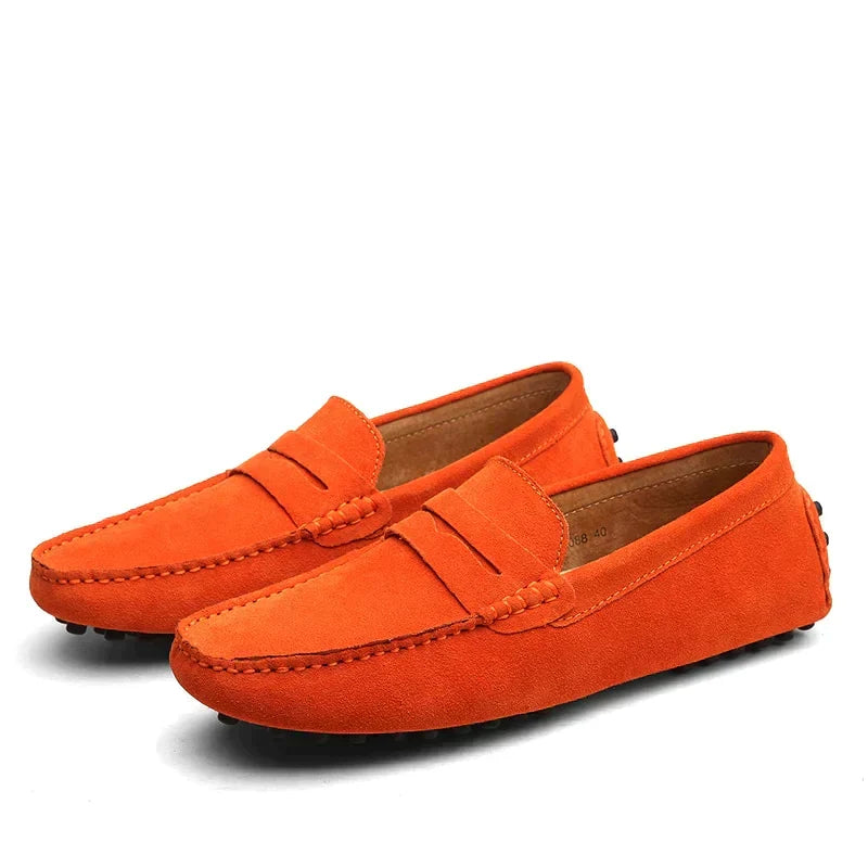 Men's suede loafers with moc toe stitching and flat soles