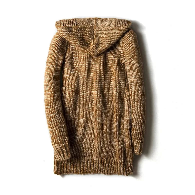 Hooded knitted cardigan with toggle fastenings, long sleeves and front pockets