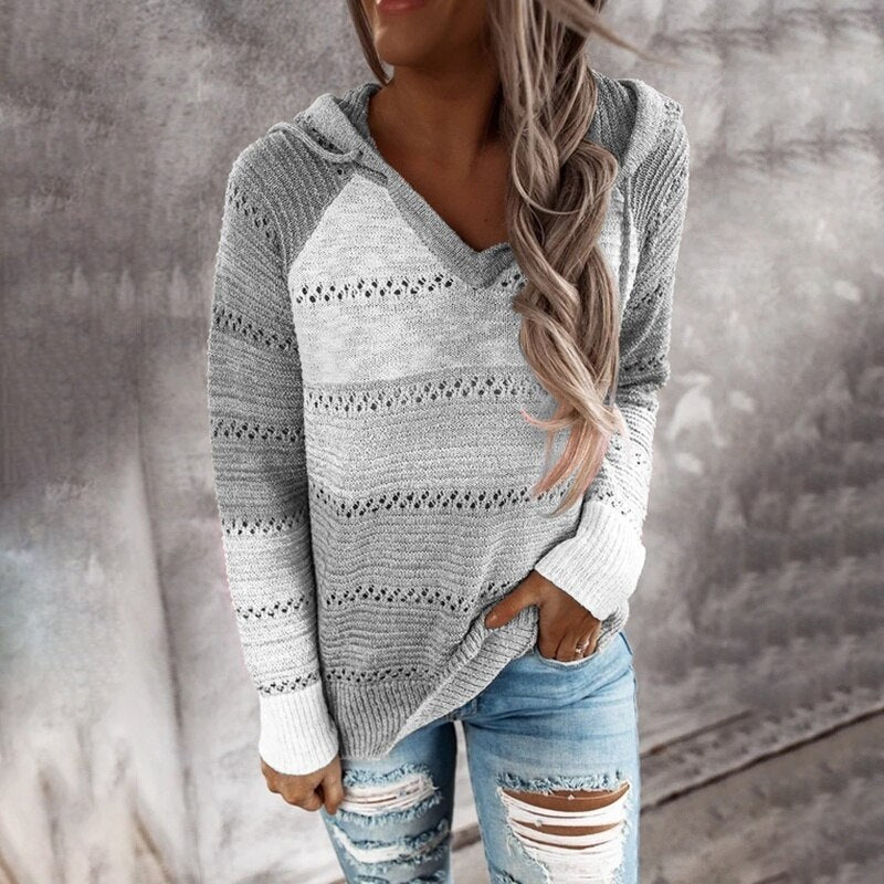 Women's hooded patchwork striped knit sweater