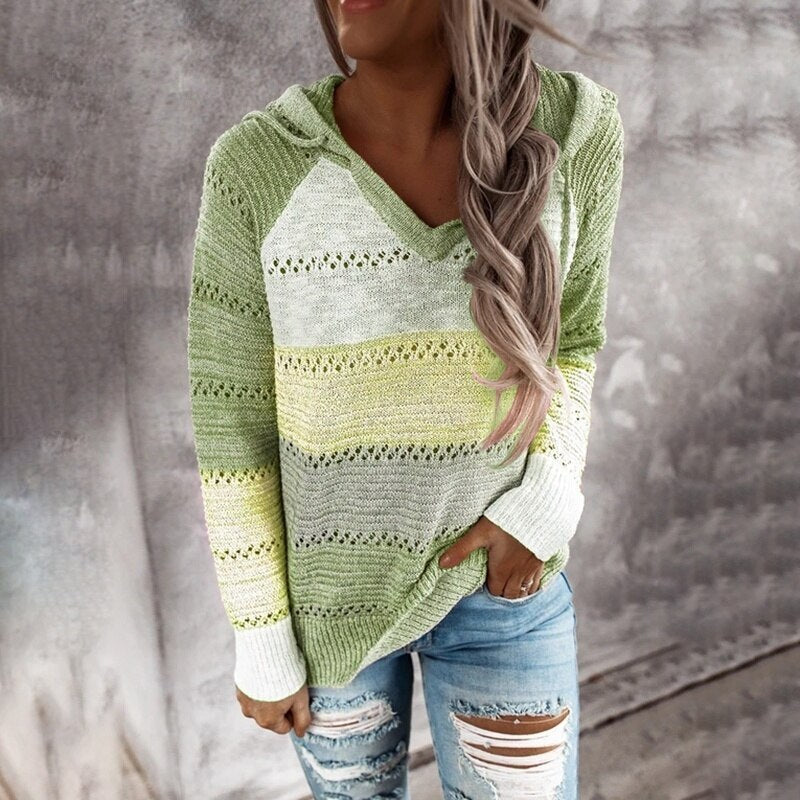 Women's hooded patchwork striped knit sweater