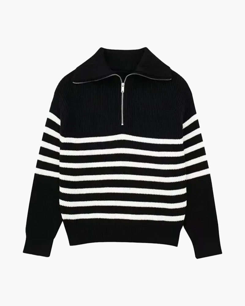 Striped ribbed knit sweater with mock neck and quarter zipper