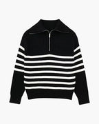Striped ribbed knit sweater with mock neck and quarter zipper
