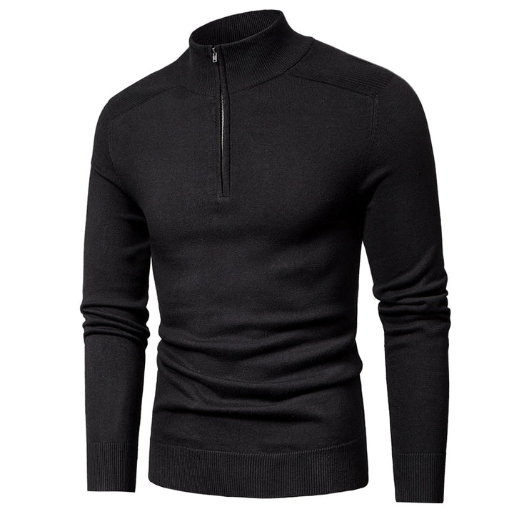 Men's long-sleeve quarter-zip mock neck jumper with ribbed trims