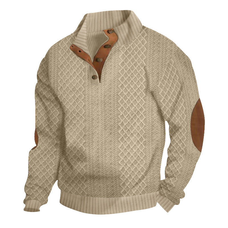 Textured men's knit pullover with high collar and elbow patches