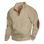 Textured men's knit pullover with high collar and elbow patches