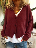 Women's long-sleeve V-neck button cardigan shown in multiple colours