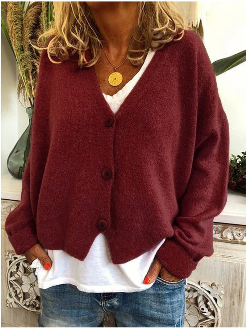 Women's long-sleeve V-neck button cardigan shown in multiple colours