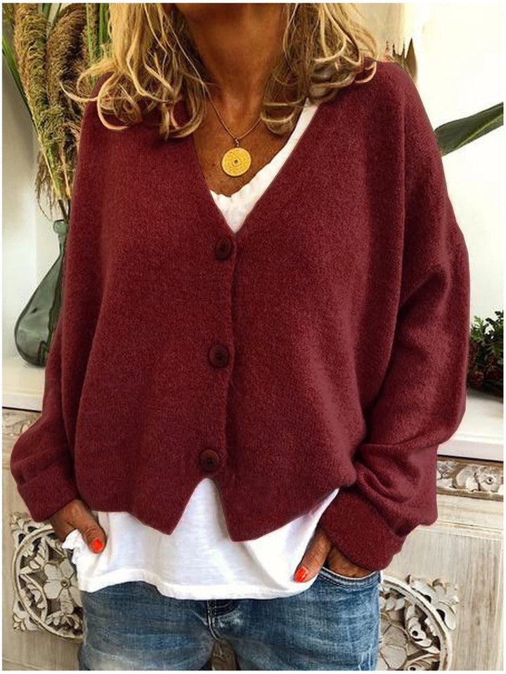 Women's long-sleeve V-neck button cardigan shown in multiple colours