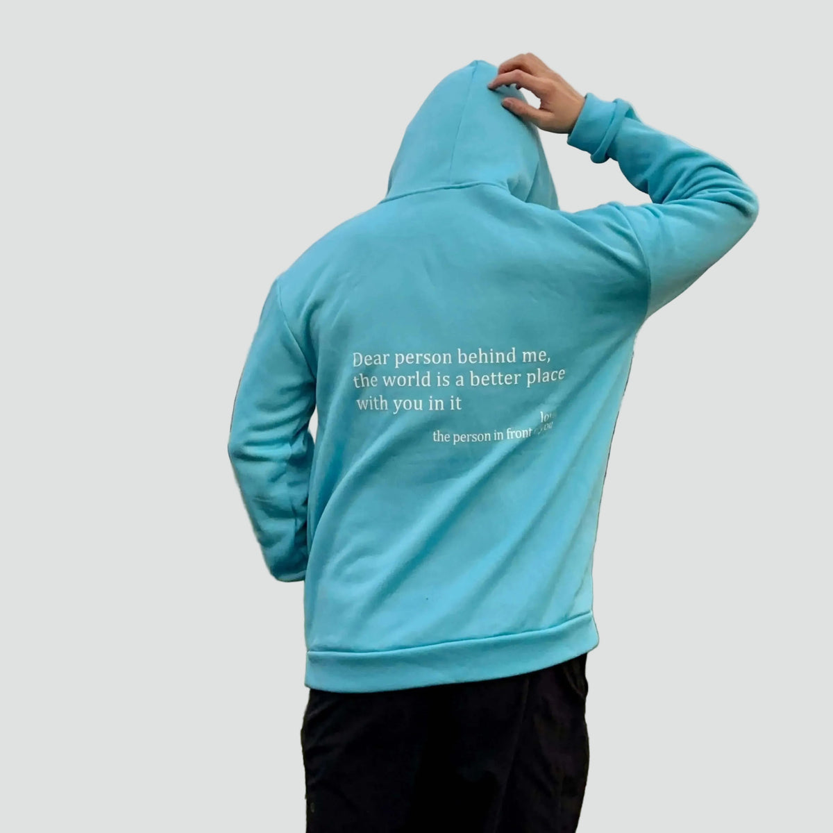 Unisex oversized hoodie with hood, kangaroo pocket and front and back text print