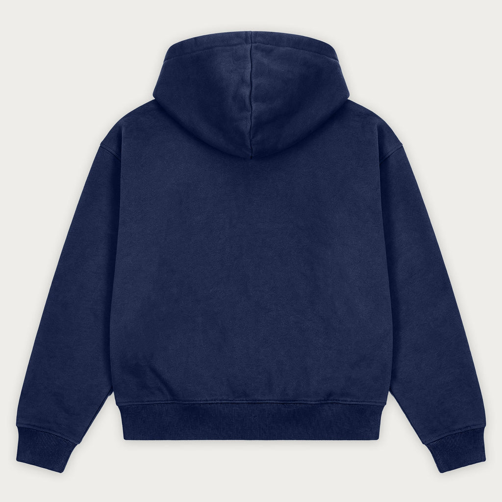 Navy pullover hoodie with hood, long sleeves and front pouch pocket