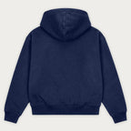 Navy pullover hoodie with hood, long sleeves and front pouch pocket
