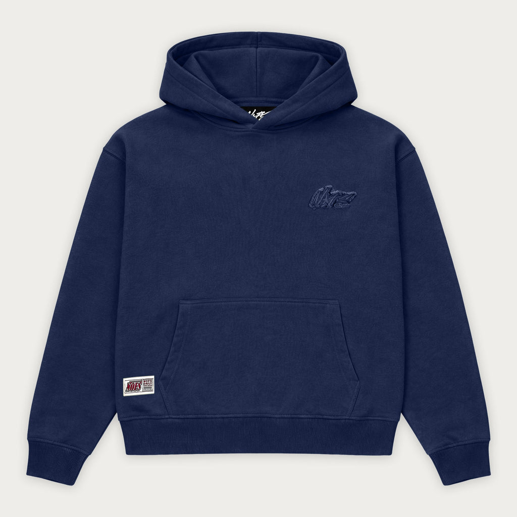 Navy pullover hoodie with hood, long sleeves and front pouch pocket