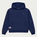 Navy pullover hoodie with hood, long sleeves and front pouch pocket