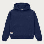 Navy pullover hoodie with hood, long sleeves and front pouch pocket