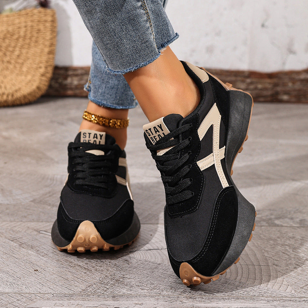 Women's layered panel lace-up sneakers with textured sole