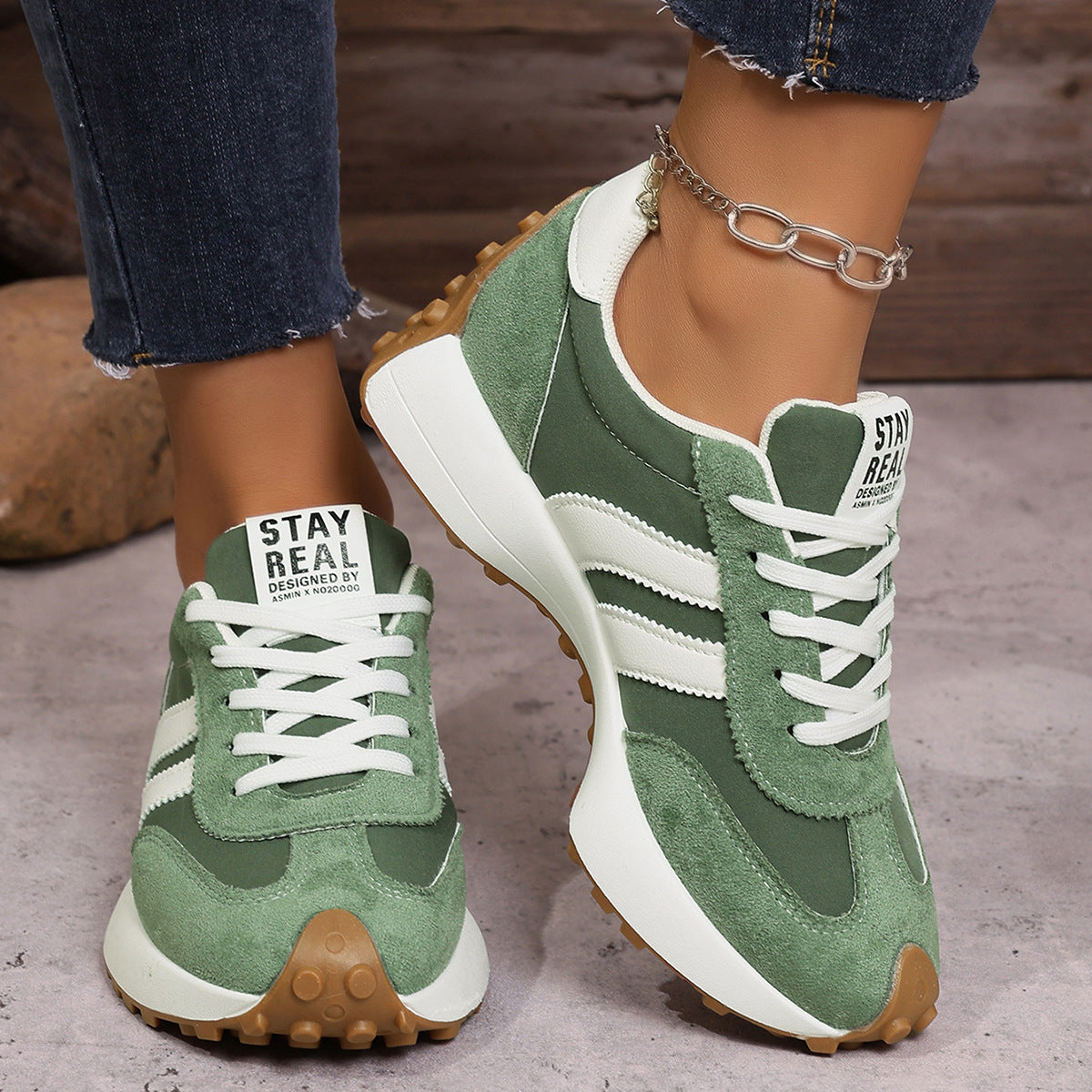 Women's layered panel lace-up sneakers with textured sole