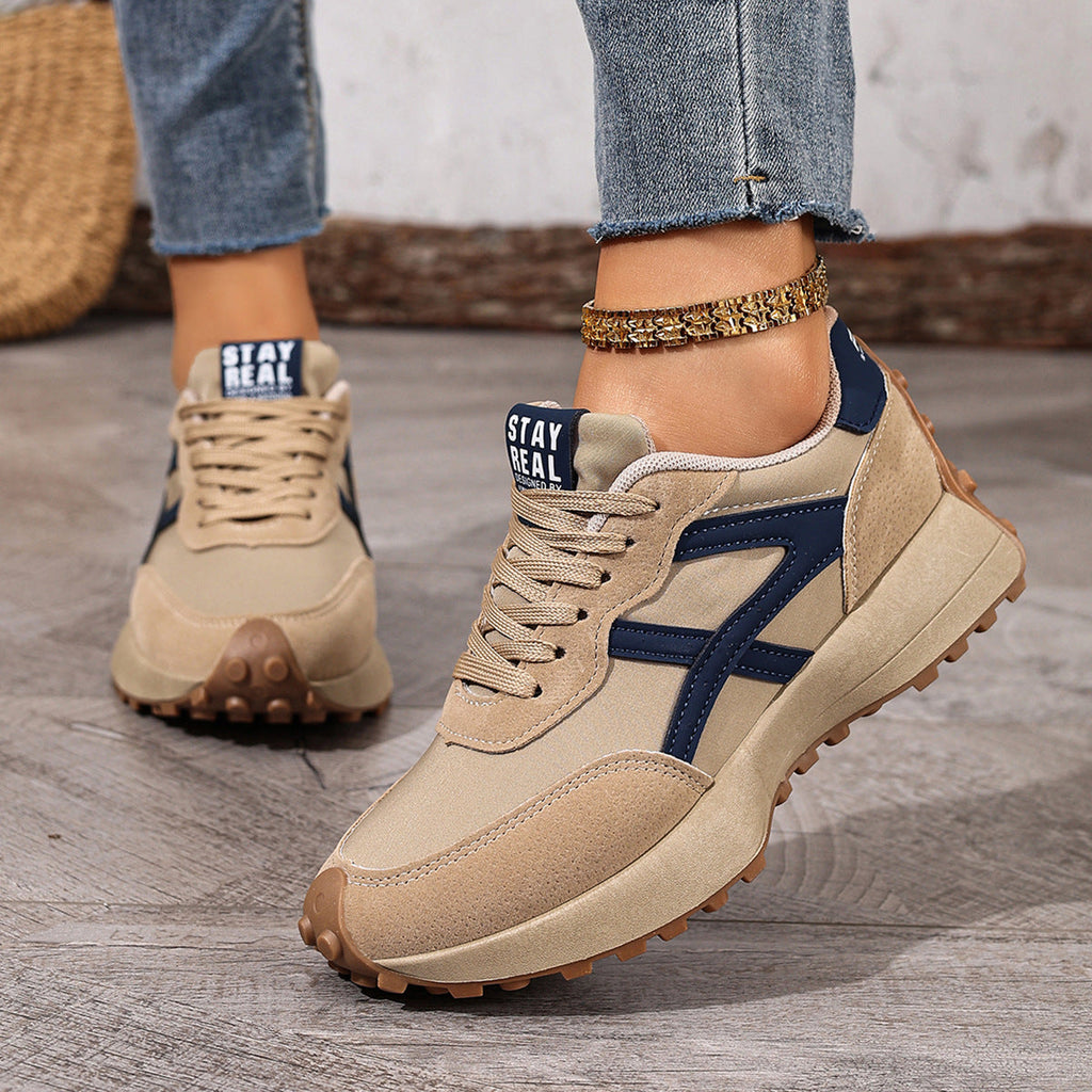 Women's layered panel lace-up sneakers with textured sole