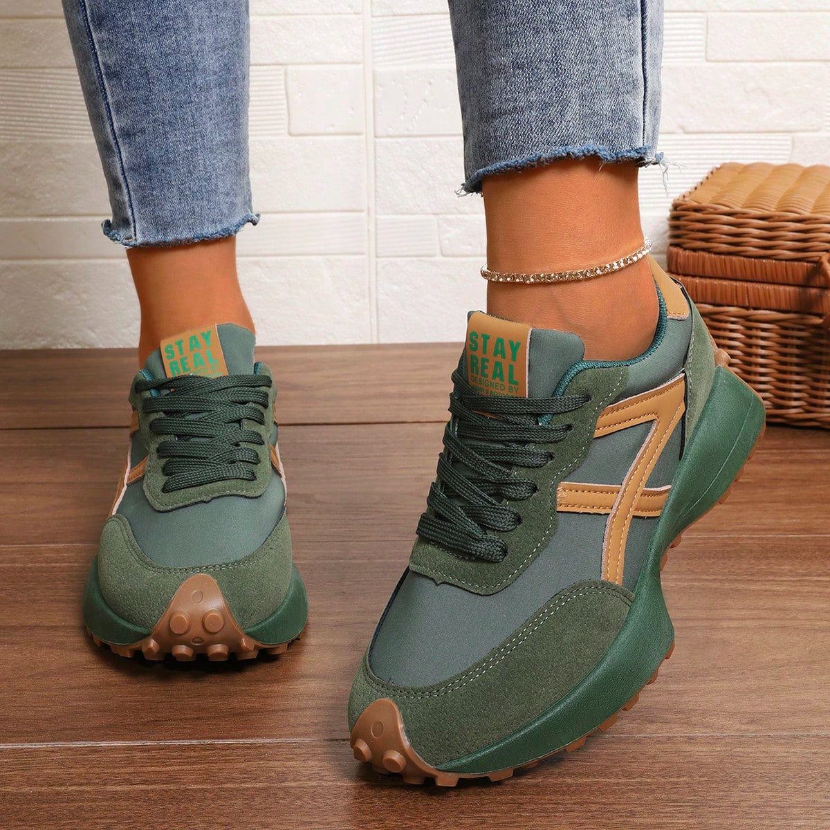 Women's layered panel lace-up sneakers with textured sole