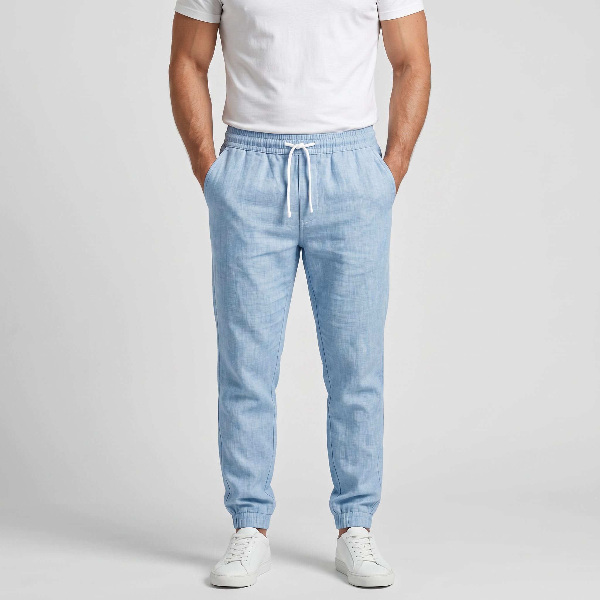 Men's beige and grey slim fit drawstring trousers with cropped ankle length