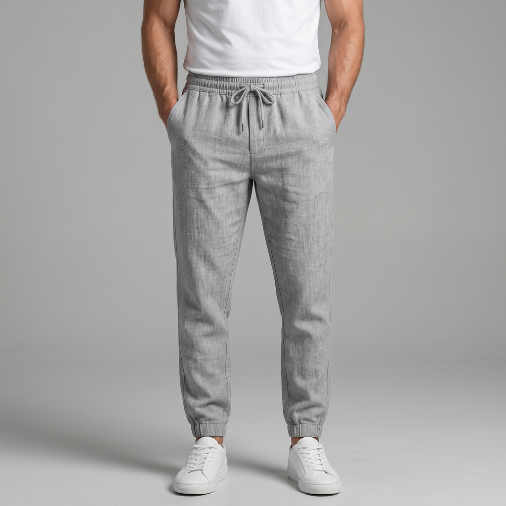 Men's beige and grey slim fit drawstring trousers with cropped ankle length