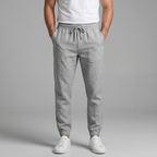Men's beige and grey slim fit drawstring trousers with cropped ankle length