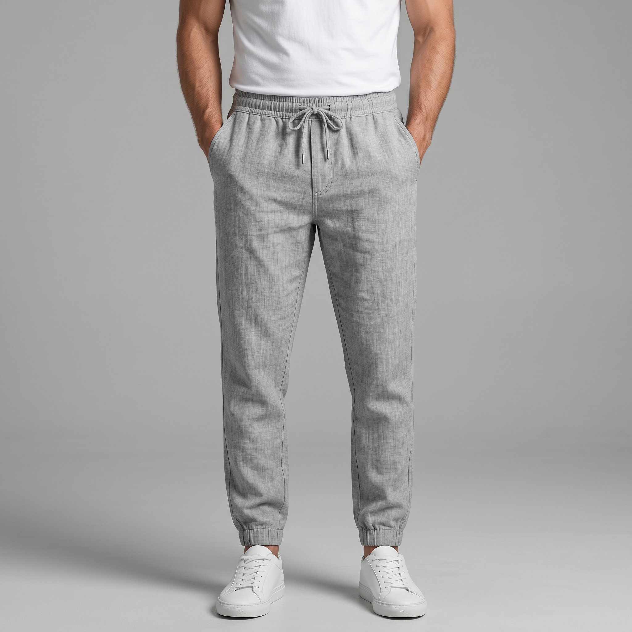 Men's beige and grey slim fit drawstring trousers with cropped ankle length