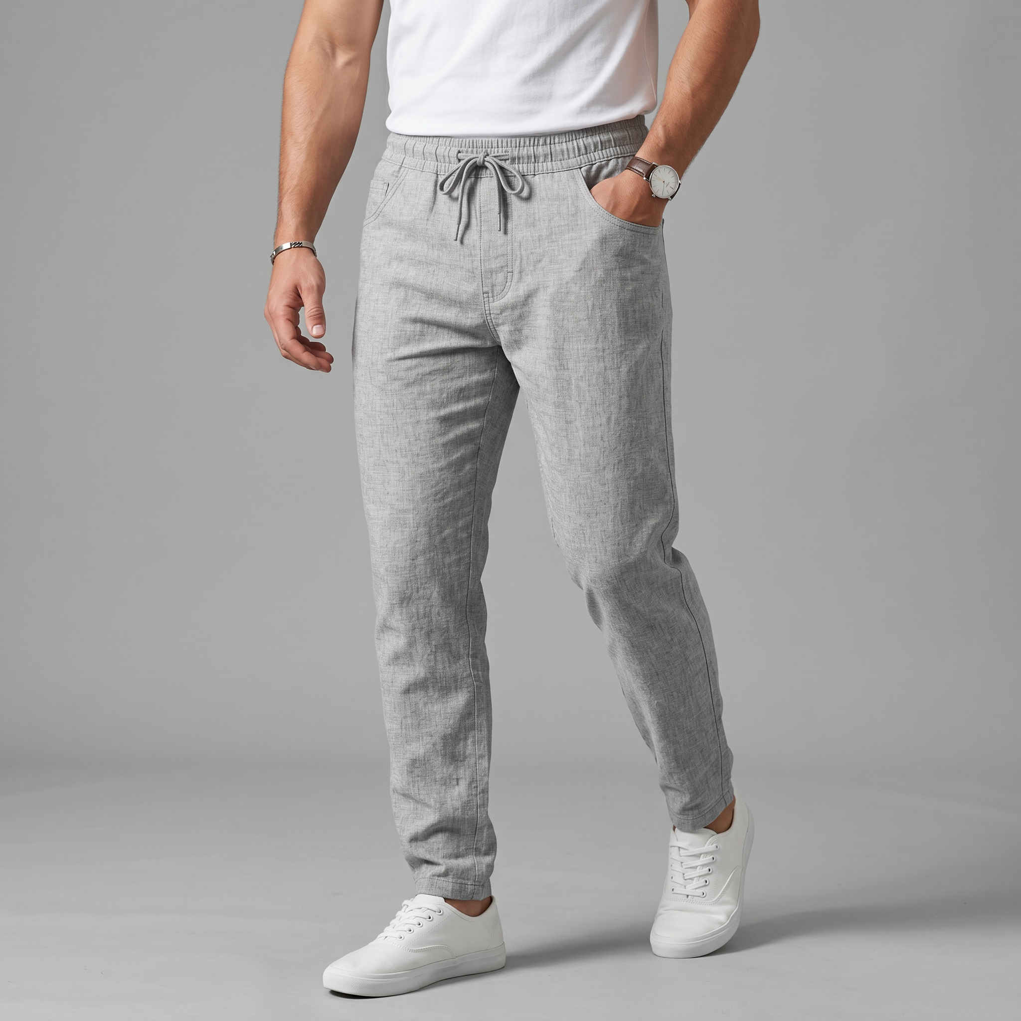 Men's beige and grey slim fit drawstring trousers with cropped ankle length
